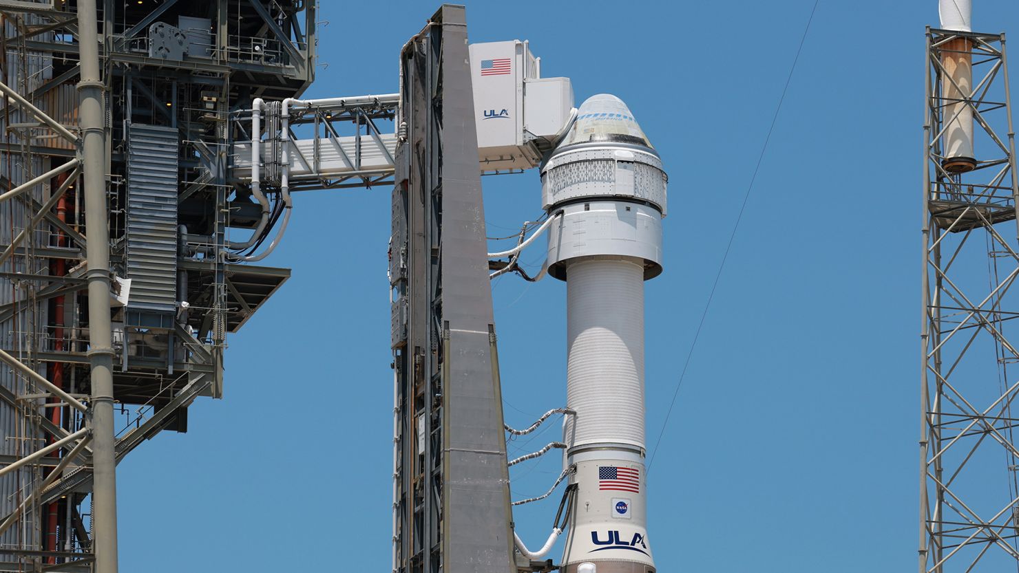 Starliner spacecraft sits atop a United Launch Alliance Atlas V rocket on May 7, after the planned launch of the Boeing Crew Flight Test was scrubbed.