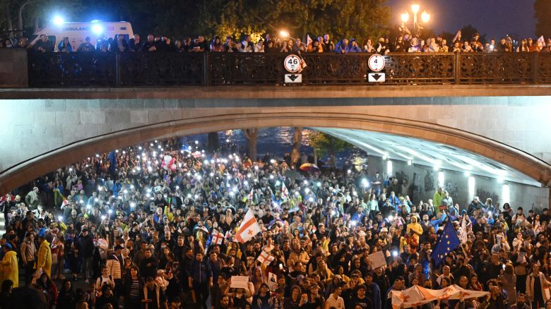 Protesters march during a rally against the controversial "foreign agents" bill in Tbilisi, Georgia on May 11, 2024. The nation has been gripped by mass anti-government protests since April 9, after the ruling Georgian Dream party reintroduced the bill, which critics see as repressive.