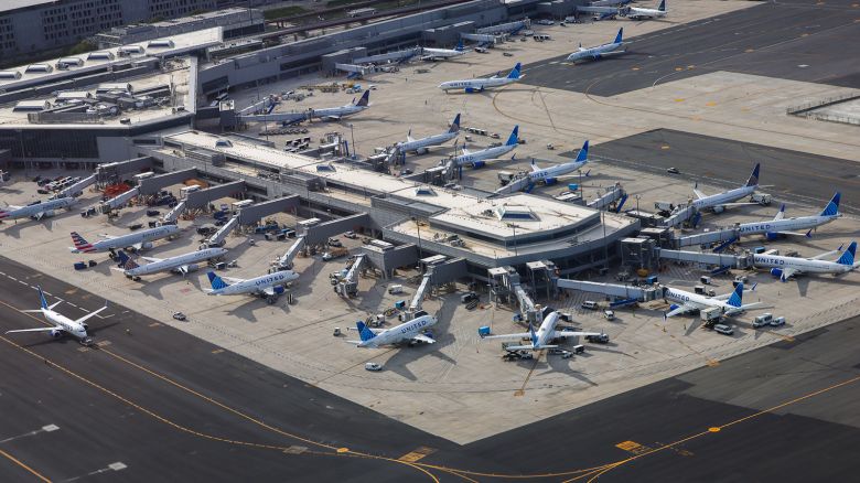 An aerial view of passenger planes at Newark Airport in Newark, New Jersey, on May 11, 2024.