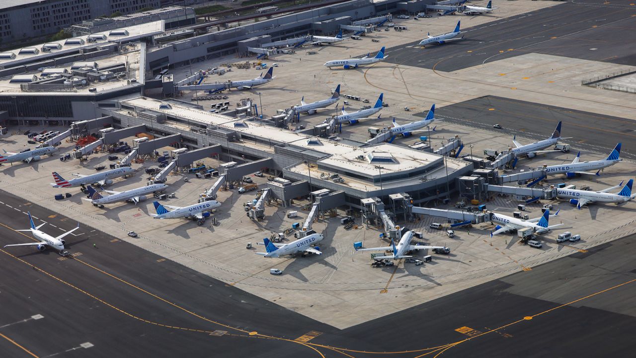 An aerial view of passenger planes at Newark Airport in Newark, New Jersey, on May 11, 2024.