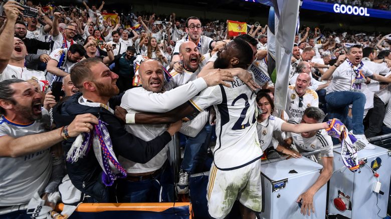 MADRID, SPAIN - MAY 08: Antonio Rudiger of Real Madrid CF celebrate with the fans after the team's victory during the UEFA Champions League semi-final second leg match between Real Madrid and FC Bayern München at Estadio Santiago Bernabeu on May 08, 2024 in Madrid, Spain. (Photo by David Ramos/Getty Images)