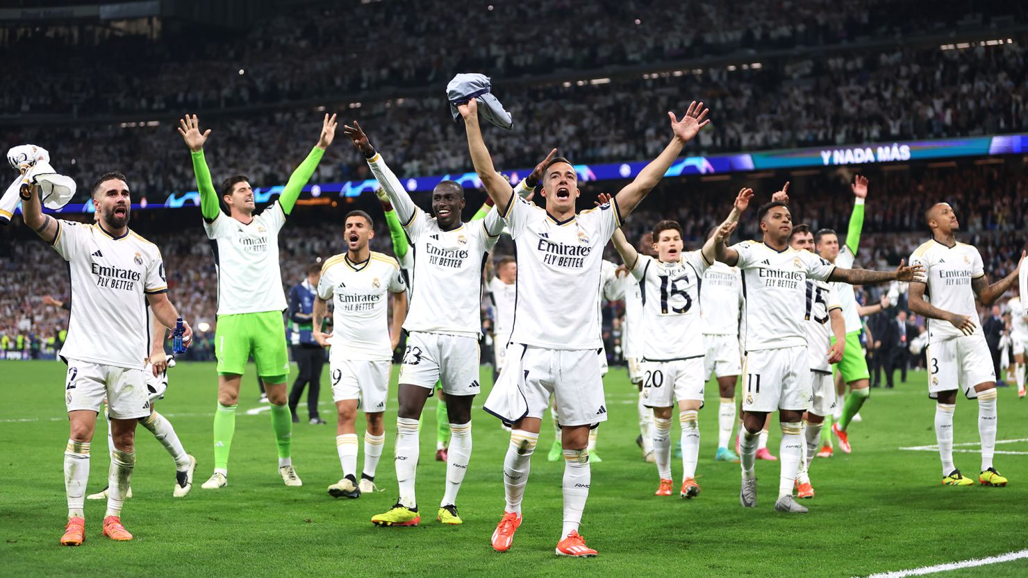 Real Madrid players celebrate after a breathless Champions League semifinal second leg.