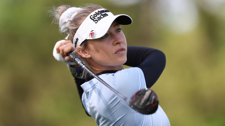 Nelly Korda of the United States plays her shot from the 18th tee during the first round of the Cognizant Founders Cup at Upper Montclair Country Club on May 09, 2024 in Clifton, New Jersey.