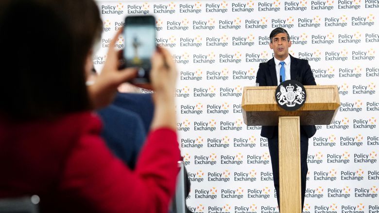 Britain's Prime Minister Rishi Sunak delivers a speech on national security at the Policy Exchange, on May 13, 2024 in London, England.