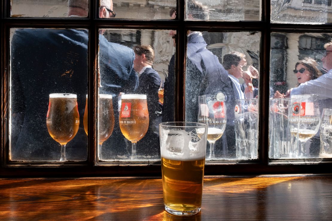Beer is usually served in pints — a pour of 20 fluid ounces. Half-pints are also available.