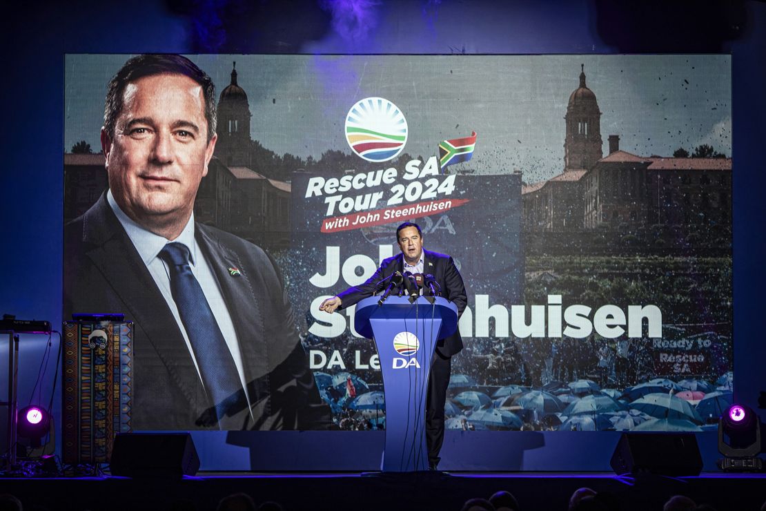 Democratic Alliance (DA) party leader Johan Steenhuisen speaks to supporters during a party event on May 9, 2024, in Soweto, South Africa.