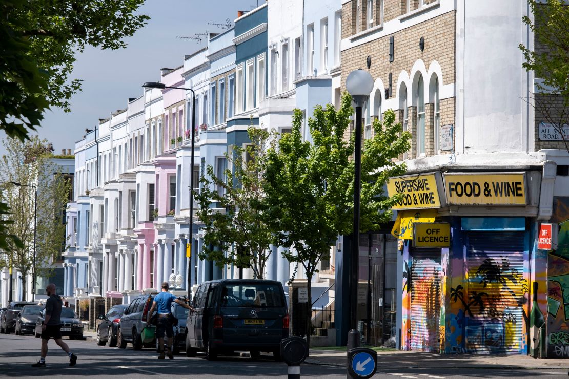 The colorful terraced houses of Notting Hill, which these days sell for millions of pounds.