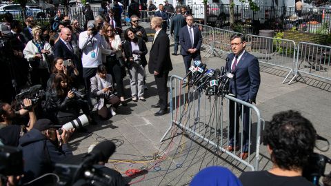US House Speaker Mike Johnson, a Republican from Louisiana, speaks to members of the media outside Manhattan criminal court in New York, US, on Tuesday, May 14, 2024. Former US President Donald Trump faces 34 felony counts of falsifying business records as part of an alleged scheme to silence claims of extramarital sexual encounters during his 2016 presidential campaign. Photographer: Michael Nagle/Bloomberg via Getty Images