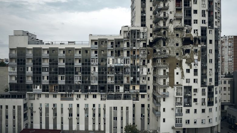 KHARKIV, UKRAINE - MAY 14: A drone view of a damaged apartment building following a Russian air strike on May 14, 2024 near Kharkiv, Ukraine. Around 16:00hrs on May 14, the Russian military hit Kharkiv with UMPB D-30 guided air bombs. In recent days Russian forces have gained ground around the Kharkiv region, which Ukraine had largely reclaimed in the months following Russia's initial large-scale invasion in February 2022. The Russians intensified their attacks on Kharkiv in order to force the city's residents to leave, said the city's mayor, Ihor Terekhov. (Photo by Vlada Liberova/Libkos/Getty Images)