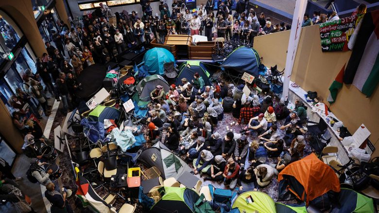 Pro-Palestinian students hold a sit-in at Melbourne University's Arts West building, in Melbourne, Australia on May 15, 2024.
