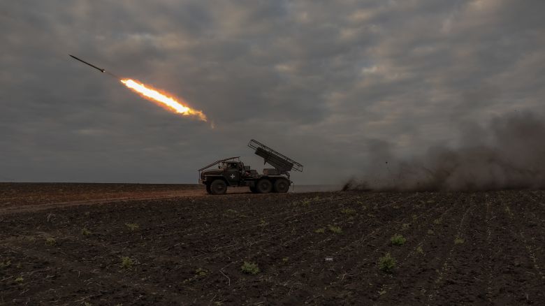 Ukrainian servicemen of the 92nd Assault Brigade fire BM-21 'Grad' multiple rocket launcher toward Russian positions, in the Kharkiv region, on May 15, 2024, amid the Russian invasion of Ukraine.