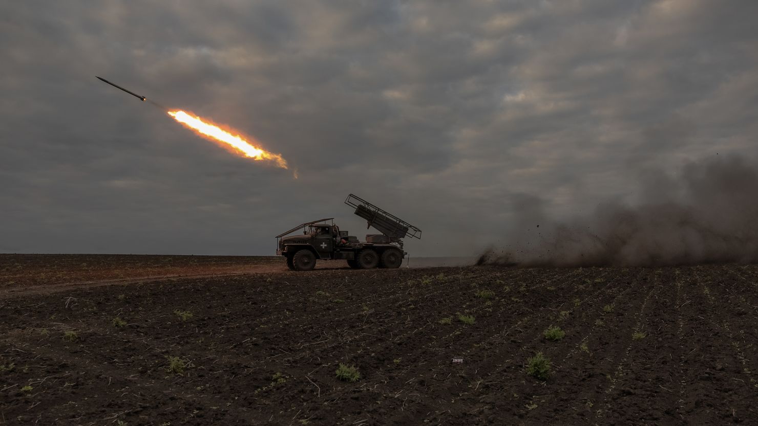 Ukrainian servicemen of the 92nd Assault Brigade fire BM-21 'Grad' multiple rocket launcher toward Russian positions, in the Kharkiv region, on May 15, 2024, amid the Russian invasion of Ukraine.