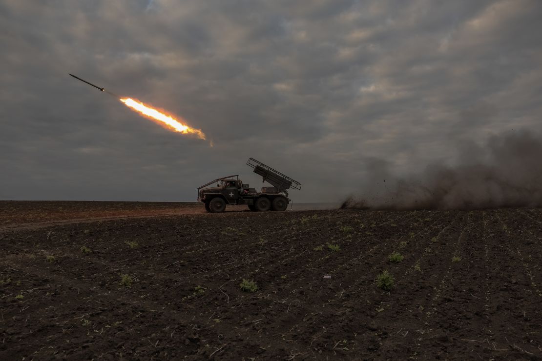 Ukrainian forces launch a rocket toward Russian positions in the Kharkiv region, on May 15, 2024.