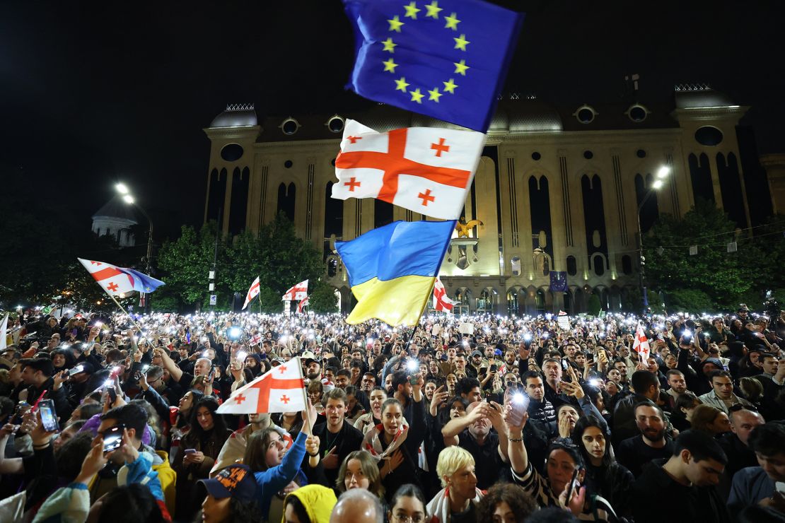 Protesters rally against the "foreign agent" law outside parliament in Tbilisi, May 15, 2024.