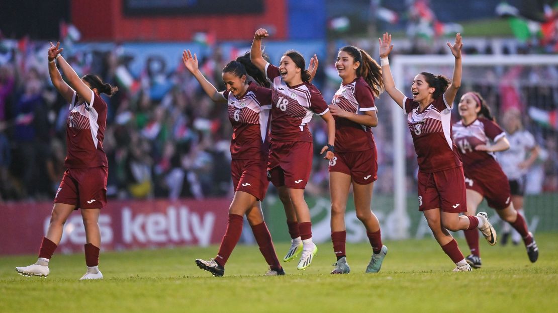 Dublin , Ireland - 15 May 2024; Palestine players celebrate their first goal during the international solidarity match between Bohemians and Palestine at Dalymount Park in Dublin. (Photo By Stephen McCarthy/Sportsfile via Getty Images)