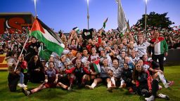 Dublin , Ireland - 15 May 2024; Palestine and Bohemians players after the international solidarity match between Bohemians and Palestine at Dalymount Park in Dublin. (Photo By Stephen McCarthy/Sportsfile via Getty Images)