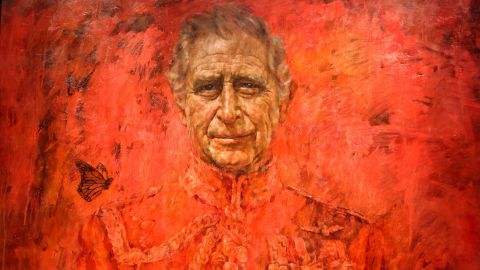 LONDON, UNITED KINGDOM - MAY 16: Close-up view of King Charles' first official portrait since the coronation painted by Jonathan Yeo on public display at Philip Mould Gallery in central London, Britain, May, 16, 2024. The painting about 8ft 6in by 6ft 6in in size shows King Charles in the uniform of the Welsh Guards. The painting will be on display until 14 June and will go on display in Drapers' Hall from the end of August. (Photo by Stringer/Anadolu via Getty Images)