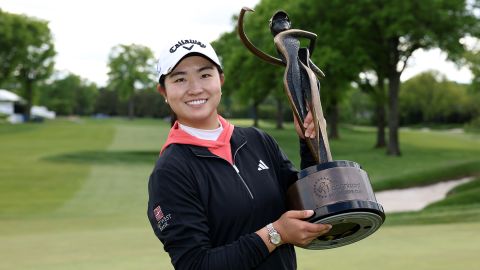 Rose Zhang poses with the trophy after winning the Founders Cup.