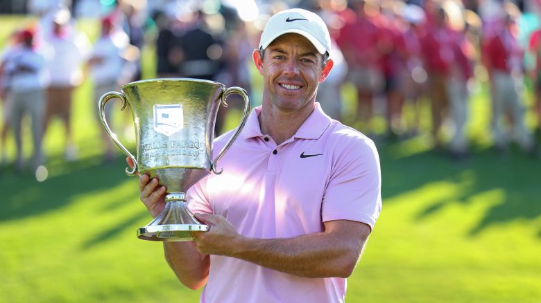 CHARLOTTE, NORTH CAROLINA - MAY 12: Rory McIlroy of Northern Ireland celebrates with the trophy after winning the Wells Fargo Championship at Quail Hollow Club on May 12, 2024 in Clifton, North Carolina. (Photo by Andrew Redington/Getty Images)