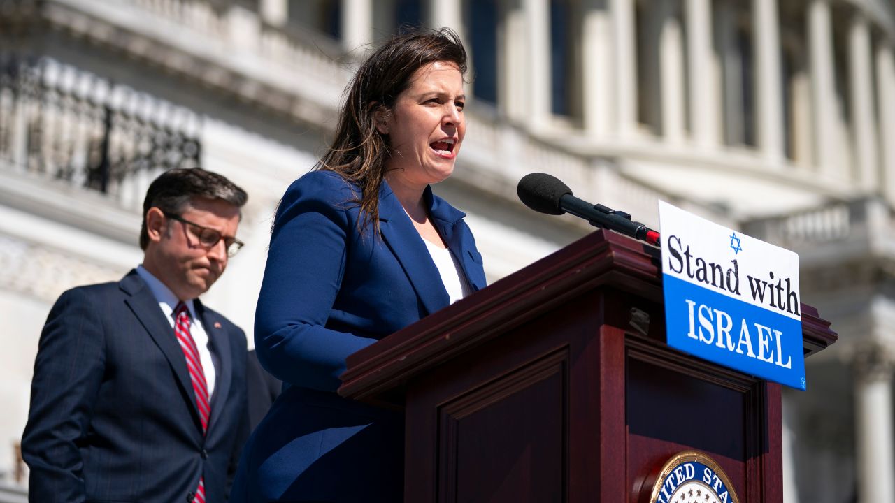 US House Speaker Mike Johnson, a Republican from Louisiana, left, and Representative Elise Stefanik, a Republican from New York, during a news conference outside the US Capitol in Washington, DC, US, on Thursday, May 16, 2024. The House is set to vote on legislation to ensure US security assistance is delivered promptly to Israel after President Joe Biden said he wouldn't provide weapons to be used for action in Rafah in southern Gaza.