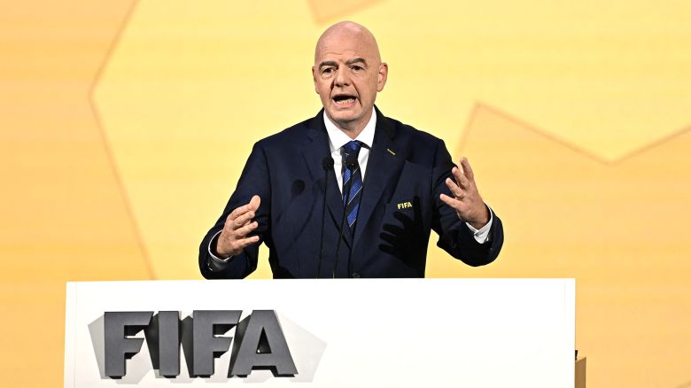 FIFA President Gianni Infantino makes a speech during the 74th FIFA Congress in Bangkok on May 17, 2024. The 74th FIFA Congress is taking place in Bangkok with member associations voting on a range of issues including confirmation of the host nation or nations for the 2027 women's football World Cup. (Photo by Manan VATSYAYANA / AFP) (Photo by MANAN VATSYAYANA/AFP via Getty Images)