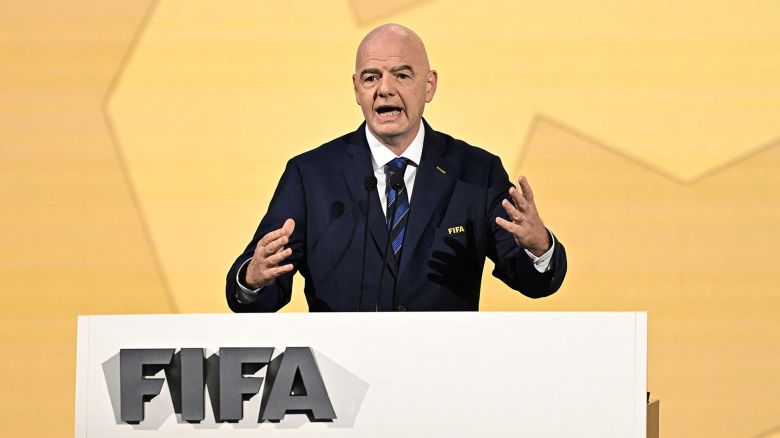 FIFA President Gianni Infantino makes a speech during the 74th FIFA Congress in Bangkok on May 17, 2024. The 74th FIFA Congress is taking place in Bangkok with member associations voting on a range of issues including confirmation of the host nation or nations for the 2027 women's football World Cup. (Photo by Manan VATSYAYANA / AFP) (Photo by MANAN VATSYAYANA/AFP via Getty Images)