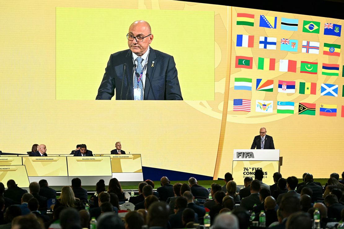 Israeli FA president Shino Moshe Zuares addresses the FIFA congress.
