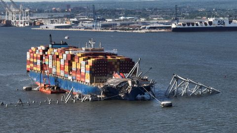 BALTIMORE, MARYLAND - MAY 13: In this aerial view, a steel truss from the destroyed Francis Scott Key Bridge that was pinning the container ship Dali in place was detached from the ship using a controlled detonation of explosives in the Patapsco River on May 13, 2024 in Baltimore, Maryland. An estimated 500-foot section of the bridge weighing 8-12 million pounds was removed by controlled demolition in the final stage of wreckage removal for the ship to be moved into port. On March 26th the Dali crashed into the Key Bridge causing it to collapse killing six construction workers. (Photo by Chip Somodevilla/Getty Images)