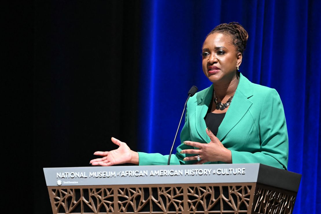 Janai Nelson speaks at the National Museum of African American History and Culture in Washington, DC, on May 17, 2024.