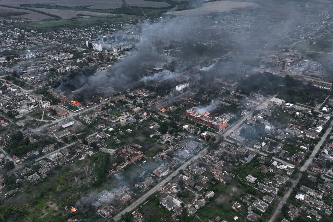 VOVCHANSK, UKRAINE - MAY 17: Aerial view of the Ukranian border city of Vovchansk in the Kharkiv Oblast. Ukraine has been evacuating civilians from around Vovchansk as Russian forces advance in the area. (Photo by Libkos/Getty Images)
