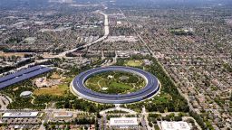 Apple Park, Apple's circular HQ office building, is seen in an aerial view over Cupertino, California on May 16, 2024.