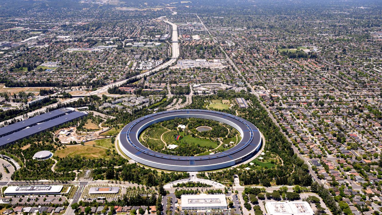 Apple Park, Apple's circular HQ office building, is seen in an aerial view over Cupertino, California on May 16, 2024.