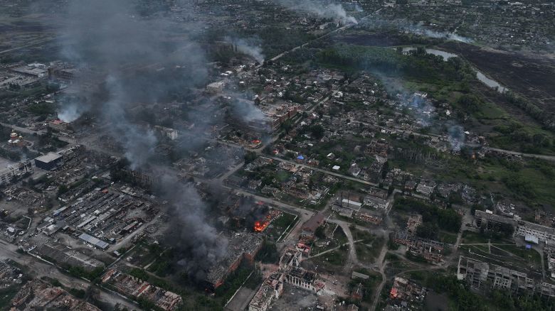 n this aerial view smoke rises from the Ukranian boarder city of Vovchansk, in Chuhuiv Raion, Kharkiv Oblast, which is bombarded daily by heavy artillery on May 17, 2024, in Vovchansk, Ukraine.