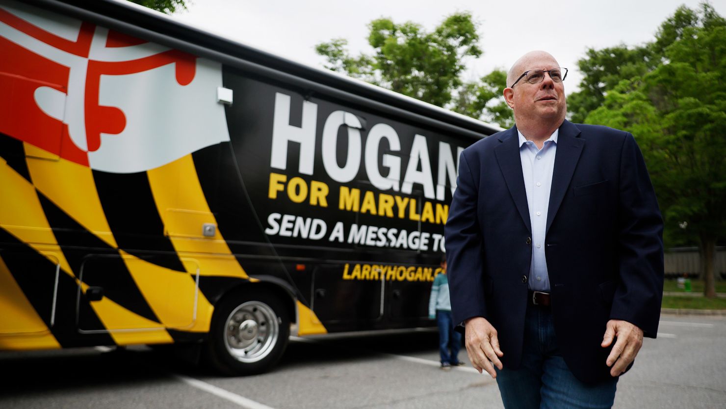 Maryland Republican Larry Hogan arrives at a polling place to cast his ballot on May 14, 2024.