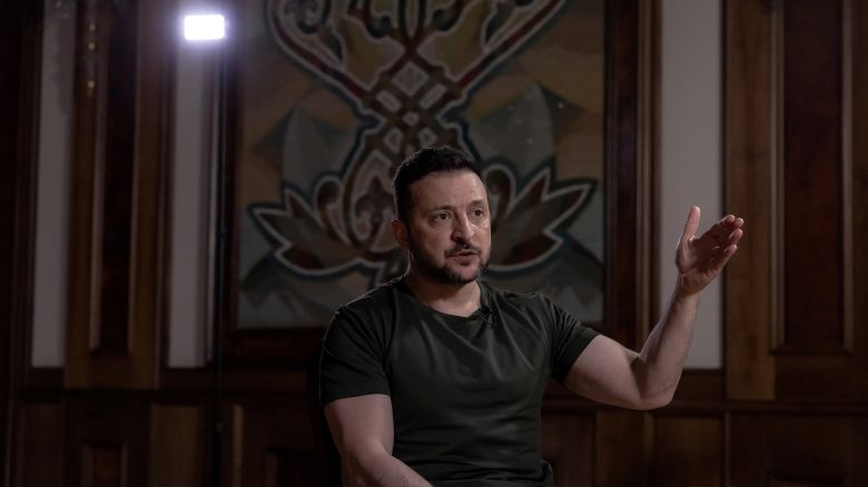 Ukrainian President Volodymyr Zelensky speaks during an interview with AFP at the Presidential Office in Kyiv, on May 17, 2024.