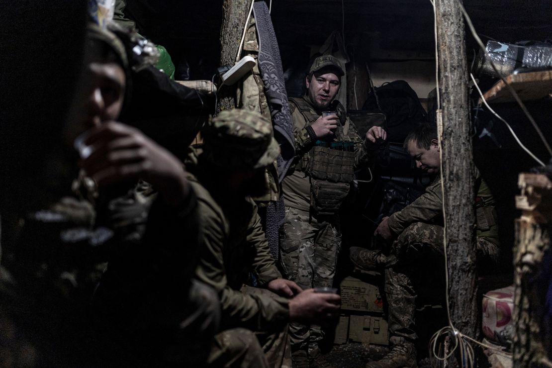 Ukrainian artillery soldiers in a shelter in the direction of Kreminna, Ukraine, 17 May 2024.