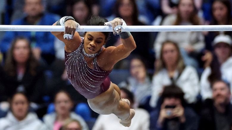 Gabby Douglas competing in the uneven bars during the Core Hydration Classic at XL Center in Hartford, Connecticut, on May 18, 2024. Injury has ended her dream to take part in her third Olympic Games later this year in Paris.