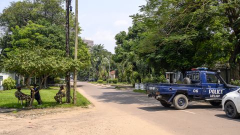 The Congolese Republican Guard and police block a road around the scene of an attempted Coup in Gombe, Kinshasa on May 19, 2024.