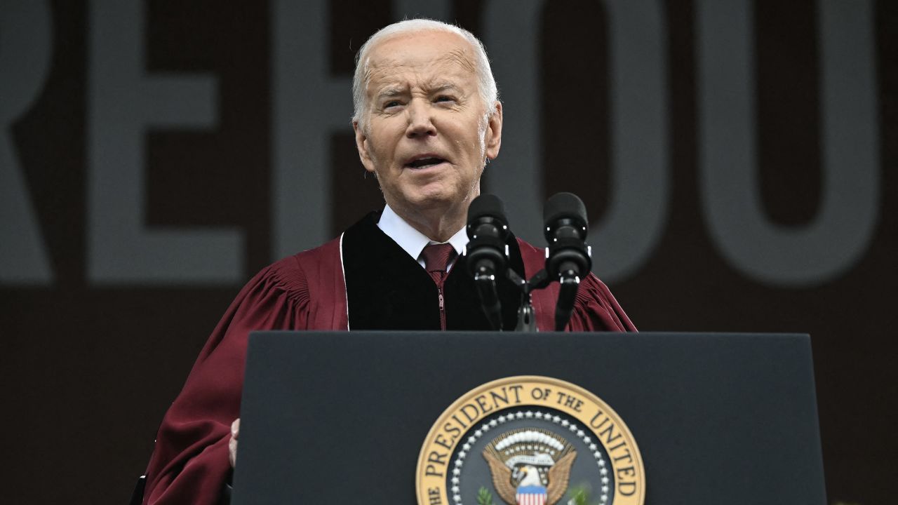 US President Joe Biden delivers a commencement address during Morehouse College's graduation ceremony in Atlanta, Georgia on May 19, 2024.