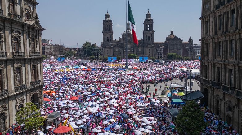 An aerial view of a rally in support of opposition parties, at Zocalo main square, in Mexico City, Mexico on May 19, 2024.