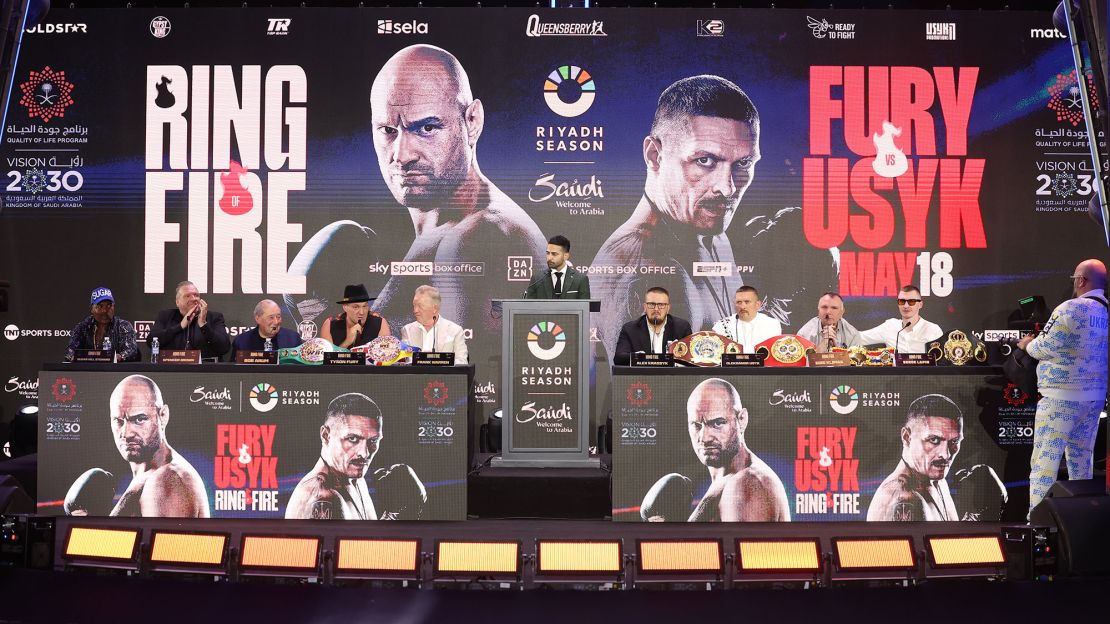 A general view of Tyson Fury and Oleksandr Usyk speaking to the media on May 16, 2024 in Riyadh, Saudi Arabia. (Photo by Richard Pelham/Getty Images)