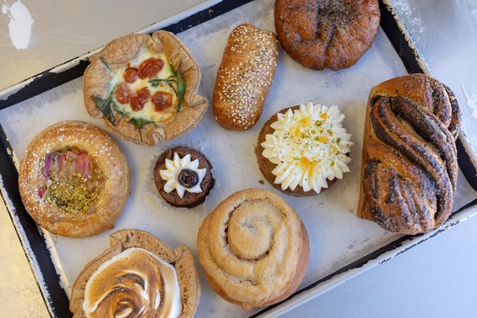 <strong>Award-winning treats:</strong> A tray of the day's offerings is ready to sample at Norimoto Bakery. The baker, Atsuko Fujimoto, just won a James Beard Award.