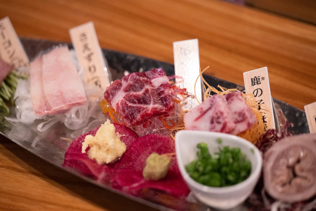 This picture taken on May 20, 2024 shows whale meat sashimi at a 'Nisshinmaru' whale meat restaurant in Shimonoseki city, Yamaguchi prefecture.