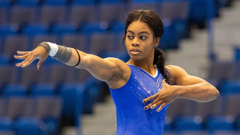 Gabby Douglas during podium training performs her floor routine in preparation for the 2024 Core Hydration Classic at the XL Centre, Hartford, on May 17, 2024, in Connecticut.