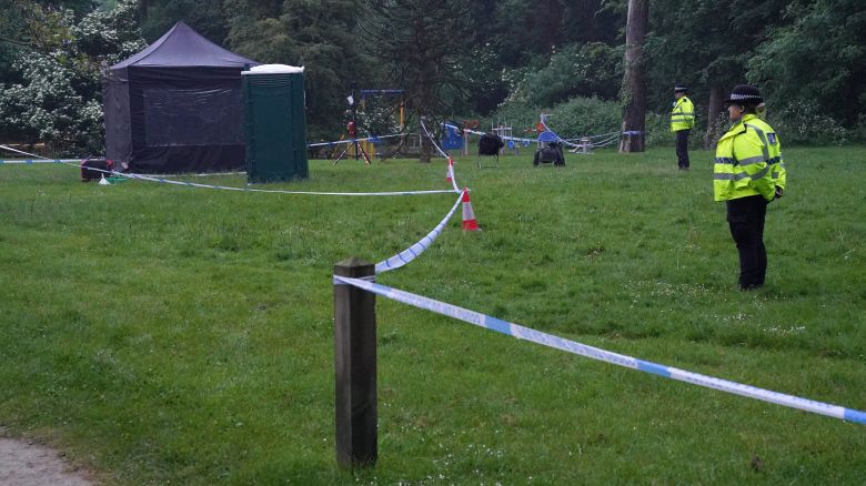 Police next to a black forensics tent in Grenfell Park, Maidenhead where Matthew Trickett was found dead on Sunday, he had been accused of assisting the Hong Kong intelligence service. Picture date: Tuesday May 21, 2024. (Photo by Jonathan Brady/PA Images via Getty Images)