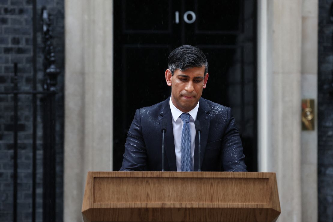 Then-UK Prime Minister Rishi Sunak, soaked in rain, calls an election he would go on to lose, May 22, 2024.