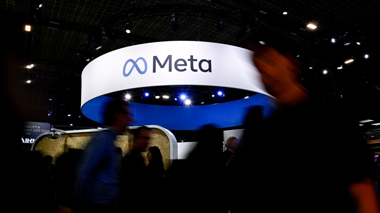 A Meta logo is displayed during the Vivatech technology startups and innovation fair in Paris, on May 22, 2024.