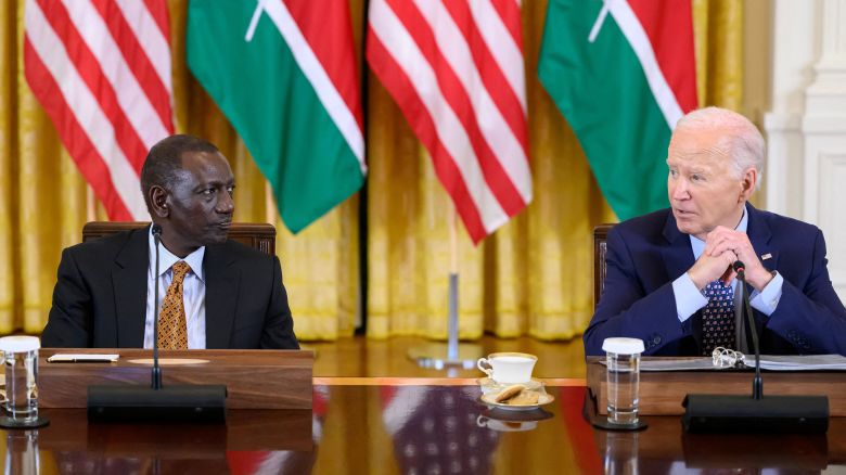 US President Joe Biden (R) and Kenya's President William Ruto (L) take part in an event with CEOs and business leaders in the East Room of the White House in Washington, DC on May 22, 2024. (Photo by Mandel NGAN / AFP) (Photo by MANDEL NGAN/AFP via Getty Images)