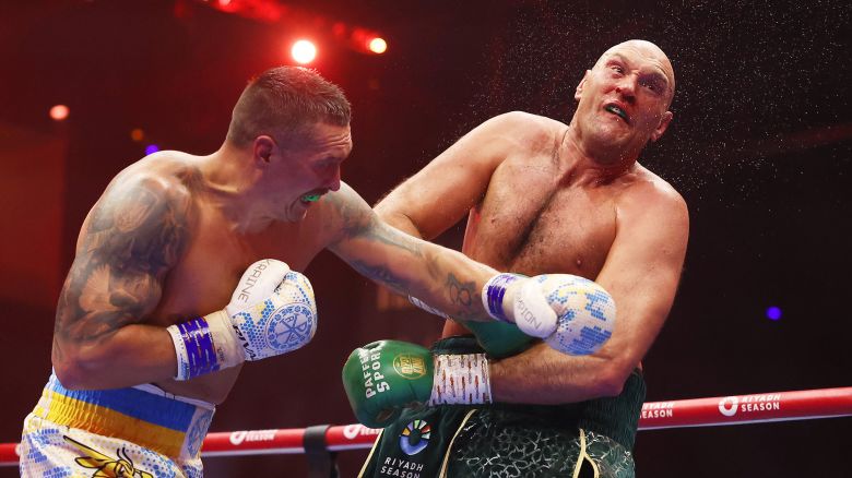 Oleksandr Usyk punches Tyson Fury during the IBF, WBA, WBC, WBO and Undisputed Heavyweight titles' fight at Kingdom Arena in Riyadh, Saudi Arabia on May 18, 2024. Usyk defeated Fury in a split decision,