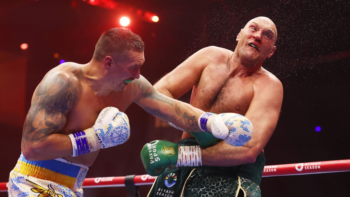 Oleksandr Usyk punches Tyson Fury during the IBF, WBA, WBC, WBO and Undisputed Heavyweight titles' fight at Kingdom Arena in Riyadh, Saudi Arabia on May 18, 2024.